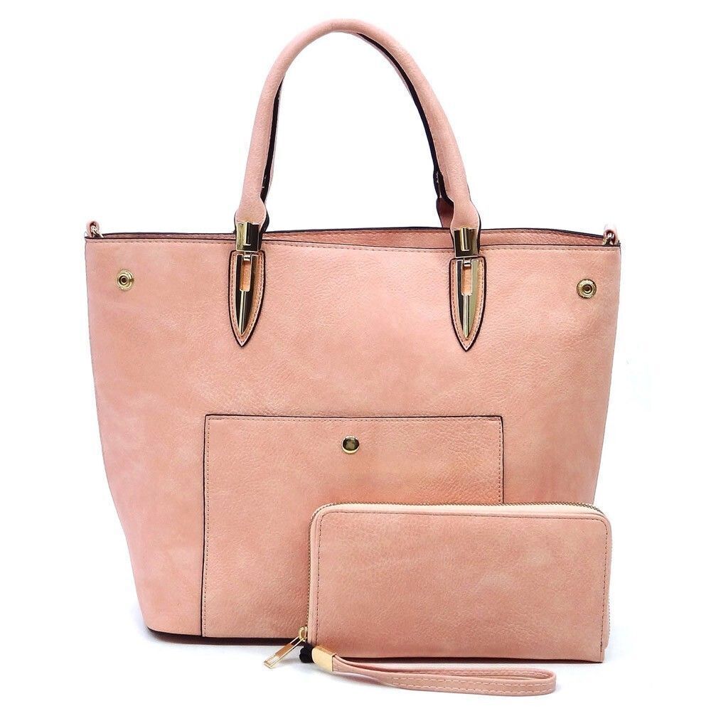 Women's Pink Fashion Top Handle Satchel Work Tote Bags 2pcs Set